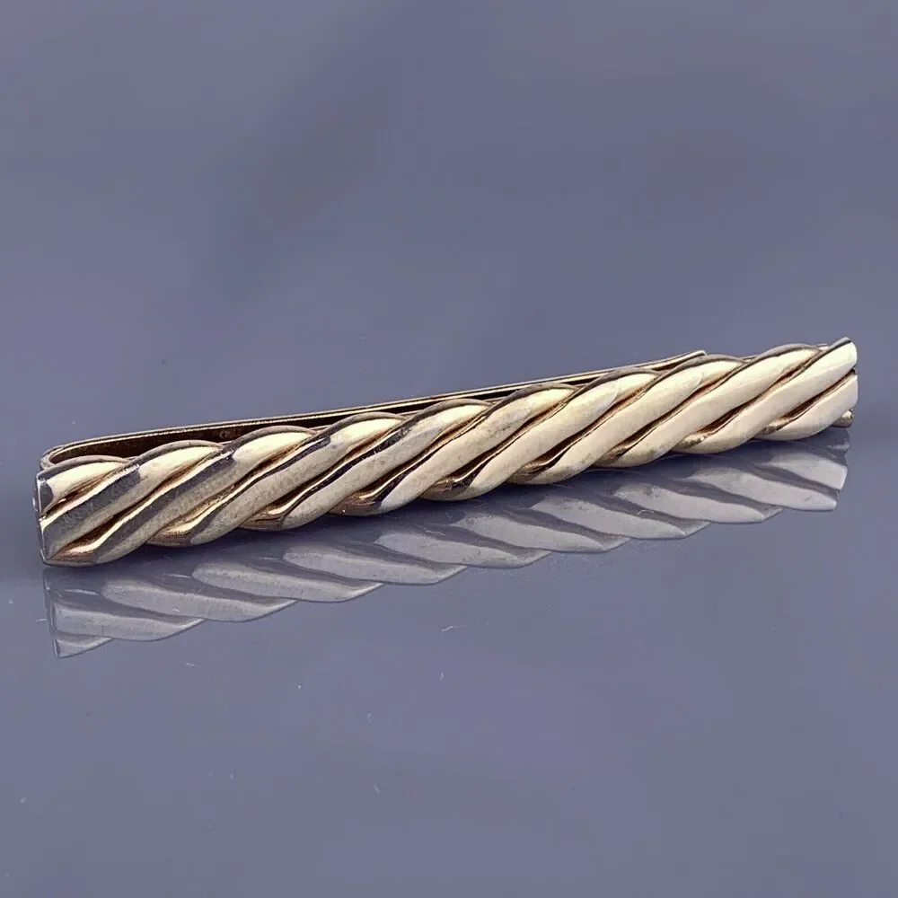 Twisted Rope Flat Chain Tie Clip Bar Gold Tone Cord Mid Century Wide Vintage